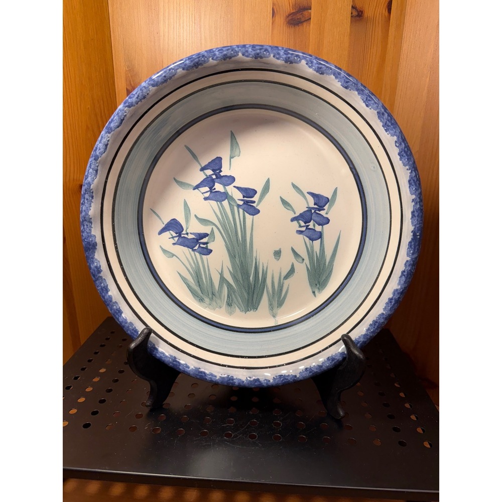 Artist Signed Pike Place Blue Iris Pottery Plate 10.5" Hand Painted Floral